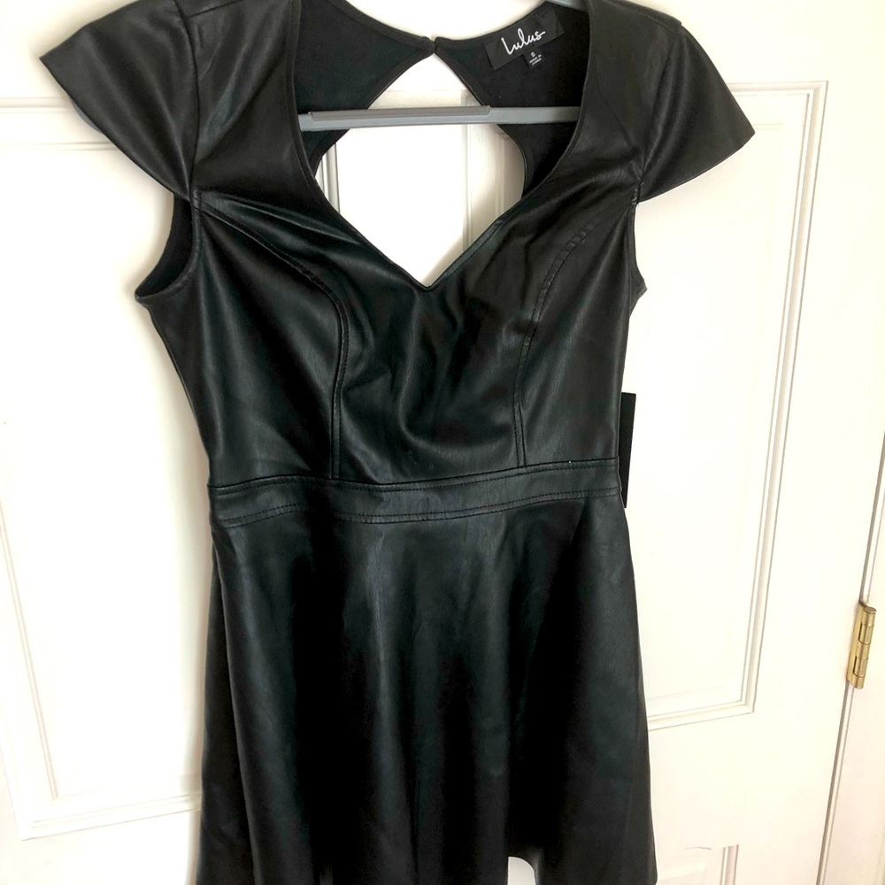 Lulu's Black Fit and Flare Leather Mini Dress